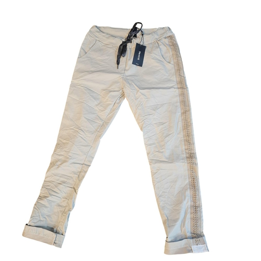 Venti6 Pants Womens Large Beige Jogger Twill Elastic Waist Crochet Trim Italy
